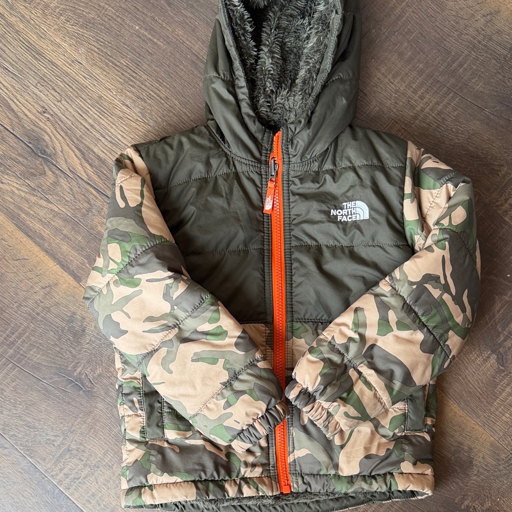 The North Face Green and Camouflage Jacket with Orange Accents - Reversible